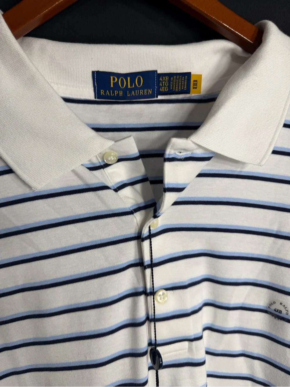 Ralph Lauren Men’s White Polo with Navy Horizontal Stripes size 4XB new w tags